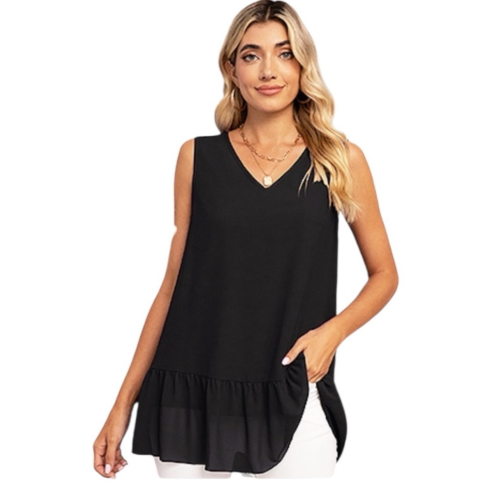 ❤️ 🆕 VIISHOW Sleeveless V Neck Chiffon Tank Top Ruffle Hem Casual Tunic Size L